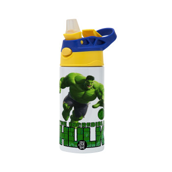 Hulk, Children's hot water bottle, stainless steel, with safety straw, green, blue (360ml) BPA FREE