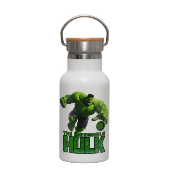 Hulk, Metallic thermos (Stainless steel) White with wooden lid (bamboo), double-walled, 350ml