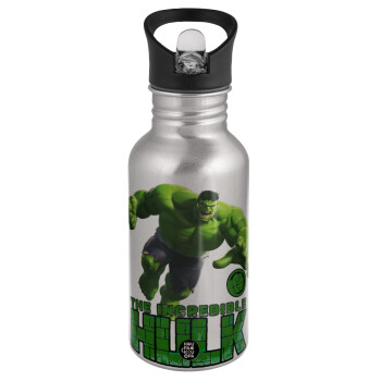 Hulk, Water bottle Silver with straw, stainless steel 500ml