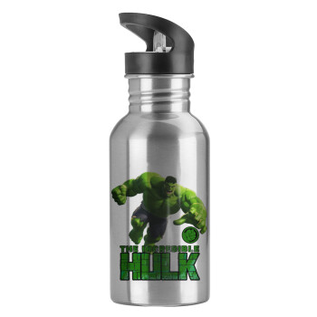 Hulk, Water bottle Silver with straw, stainless steel 600ml