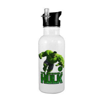 Hulk, White water bottle with straw, stainless steel 600ml