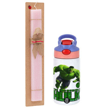 Hulk, Easter Set, Children's thermal stainless steel water bottle with safety straw, pink/purple (350ml) & Easter scented flat candle (30cm) (PINK)