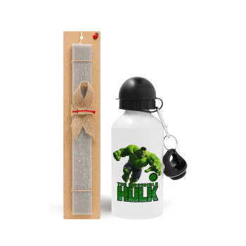 Hulk, Πασχαλινό Σετ, παγούρι μεταλλικό  αλουμινίου (500ml) & πασχαλινή λαμπάδα αρωματική πλακέ (30cm) (ΓΚΡΙ)