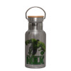 Stainless steel metallic thermos flask, silver with a bamboo lid, double-walled, 350ml.