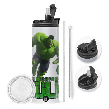 Hulk, Travel Tumbler θερμό με διπλό καπάκι, μεταλλικό καλαμάκι και βούρτσα καθαρισμού (Ανωξείδωτο 304 Food grade, BPA free, 600ml)