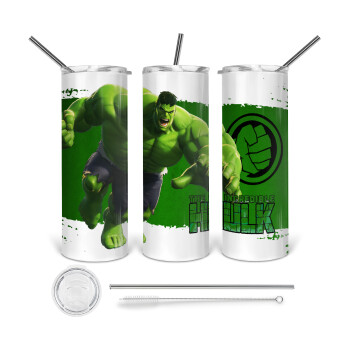 Hulk, Tumbler ποτήρι θερμό από ανοξείδωτο ατσάλι 600ml, με μεταλλικό καλαμάκι & βούρτσα καθαρισμού