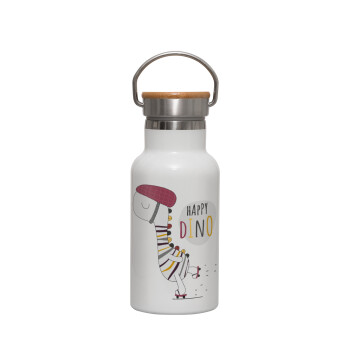 Happy Dino, Metallic thermos (Stainless steel) White with wooden lid (bamboo), double-walled, 350ml