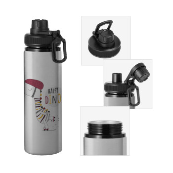 Happy Dino, Metallic water bottle with safety cap, 850ml aluminum