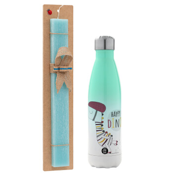 Happy Dino, Easter Set, Metallic green/white thermos (Stainless steel), double-walled, 500ml & scented flat Easter candle (30cm) (TURQUOISE)