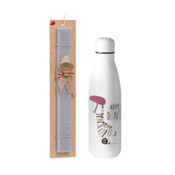 Happy Dino, Easter Set, metallic stainless thermos bottle (500ml) & scented flat Easter candle (30cm) (GRAY)