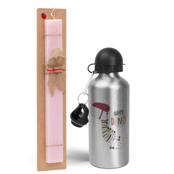 Happy Dino, Easter Set, metallic Silver aluminum water bottle (500ml) & scented flat Easter candle (30cm) (PINK)