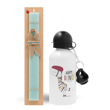 Happy Dino, Easter Set, metallic aluminum water bottle (500ml) & scented flat candle (30cm) (TURQUOISE)