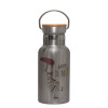 Stainless steel metallic thermos flask, silver with a bamboo lid, double-walled, 350ml.