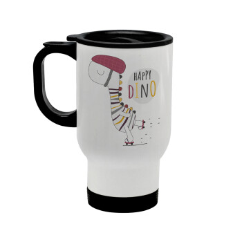 Happy Dino, Stainless steel travel mug with lid, double wall white 450ml