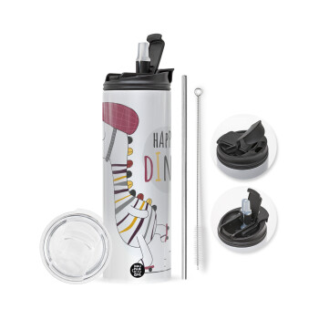 Happy Dino, Travel Tumbler 2 Lids, with metal straw & cleaning brush (Stainless steel 304 Food grade, BPA free, 600ml)