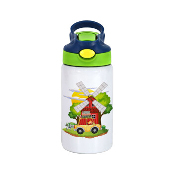 Toy car, Children's hot water bottle, stainless steel, with safety straw, green, blue (350ml)