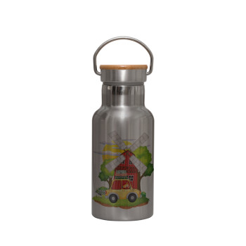 Toy car, Stainless steel metallic thermos flask, silver with a bamboo lid, double-walled, 350ml.