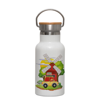 Toy car, Metallic thermos (Stainless steel) White with wooden lid (bamboo), double-walled, 350ml