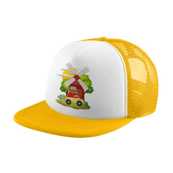 Toy car, Adult Soft Trucker Hat with Yellow/White Mesh (POLYESTER, ADULT, UNISEX, ONE SIZE)