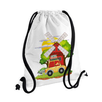 Toy car, Τσάντα πλάτης πουγκί GYMBAG λευκή, με τσέπη (40x48cm) & χονδρά κορδόνια