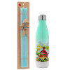 Easter Set, Metallic green/white thermos (Stainless steel), double-walled, 500ml & scented flat Easter candle (30cm) (TURQUOISE)