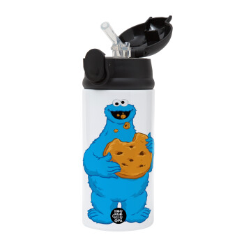 Cookie Monster, Children's hot water bottle, stainless steel, with safety straw, Black (360ml) BPA-FREE