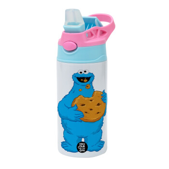 Cookie Monster, Children's hot water bottle, stainless steel, with safety straw, Pink/BlueCiel (360ml) BPA FREE