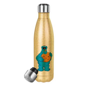 Cookie Monster, Μεταλλικό παγούρι θερμός Glitter χρυσό (Stainless steel), διπλού τοιχώματος, 500ml