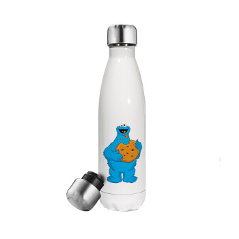 Cookie Monster, Μεταλλικό παγούρι θερμός Λευκό (Stainless steel), διπλού τοιχώματος, 500ml