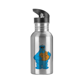 Cookie Monster, Water bottle Silver with straw, stainless steel 600ml