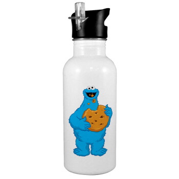 Cookie Monster, White water bottle with straw, stainless steel 600ml