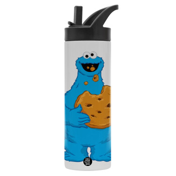 Cookie Monster, Metallic thermos bottle with straw & handle, stainless steel (Stainless steel 304), double-walled, 600ml.