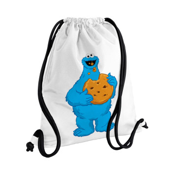 Cookie Monster, Τσάντα πλάτης πουγκί GYMBAG λευκή, με τσέπη (40x48cm) & χονδρά κορδόνια