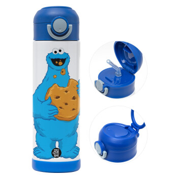 Cookie Monster, Παιδικό παγούρι θερμό, ανοξείδωτο, με καλαμάκι ασφαλείας, ΜΠΛΕ (500ml)