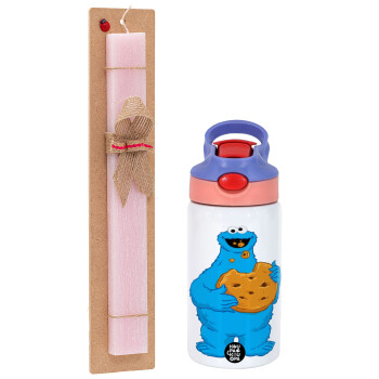 Cookie Monster, Easter Set, Children's thermal stainless steel water bottle with safety straw, pink/purple (350ml) & Easter scented flat candle (30cm) (PINK)