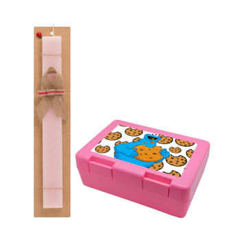 Cookie Monster, Easter Set, children's snack container PINK & scented flat Easter candle (30cm) (PINK)