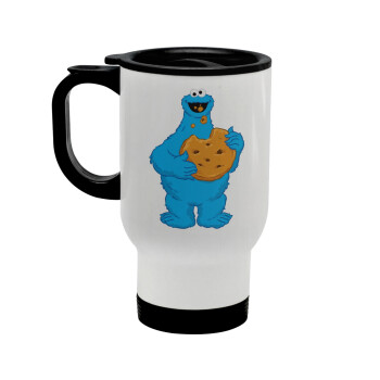 Cookie Monster, Stainless steel travel mug with lid, double wall white 450ml