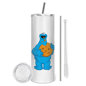 Cookie Monster, Eco friendly stainless steel tumbler 600ml, with metal straw & cleaning brush
