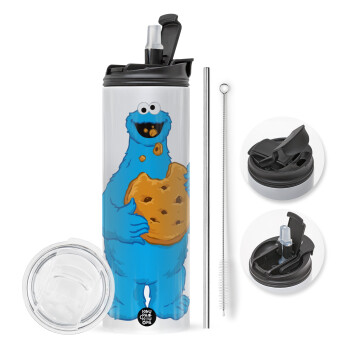 Cookie Monster, Travel Tumbler θερμό με διπλό καπάκι, μεταλλικό καλαμάκι και βούρτσα καθαρισμού (Ανωξείδωτο 304 Food grade, BPA free, 600ml)