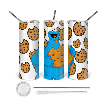 Cookie Monster, 360 Eco friendly ποτήρι θερμό (tumbler) από ανοξείδωτο ατσάλι 600ml, με μεταλλικό καλαμάκι & βούρτσα καθαρισμού