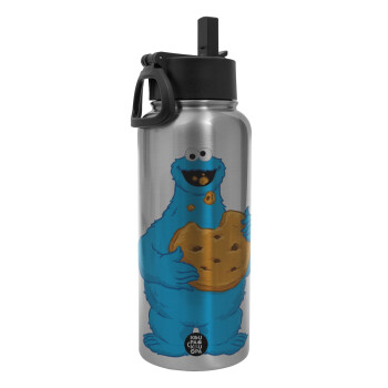 Cookie Monster, Μεταλλικό παγούρι θερμός Silver με καλαμάκι και χερούλι (Stainless steel), διπλού τοιχώματος, 950ml