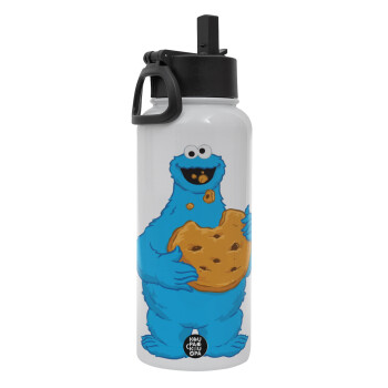 Cookie Monster, Μεταλλικό παγούρι θερμός Λευκό με καλαμάκι και χερούλι (Stainless steel), διπλού τοιχώματος, 950ml