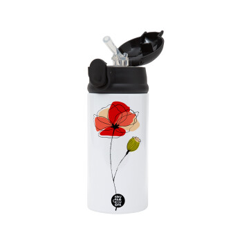 Red poppy flowers papaver, Children's hot water bottle, stainless steel, with safety straw, Black (360ml) BPA-FREE