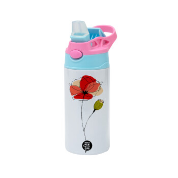 Red poppy flowers papaver, Children's hot water bottle, stainless steel, with safety straw, Pink/BlueCiel (360ml) BPA FREE