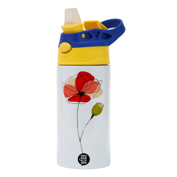 Red poppy flowers papaver, Children's hot water bottle, stainless steel, with safety straw, green, blue (360ml) BPA FREE