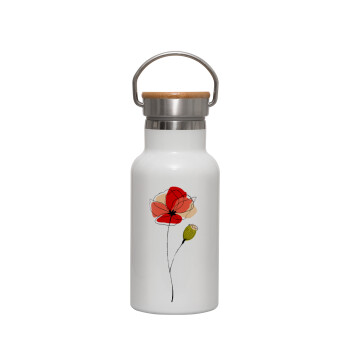 Red poppy flowers papaver, Metallic thermos (Stainless steel) White with wooden lid (bamboo), double-walled, 350ml