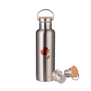 Red poppy flowers papaver, Stainless steel Silver with wooden lid (bamboo), double wall, 750ml