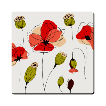 Red poppy flowers papaver, Τετράγωνο μαγνητάκι ξύλινο 6x6cm