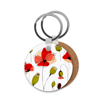 Red poppy flowers papaver, Μπρελόκ Ξύλινο στρογγυλό MDF Φ5cm