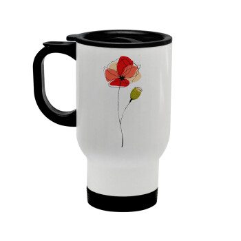 Red poppy flowers papaver, Stainless steel travel mug with lid, double wall white 450ml